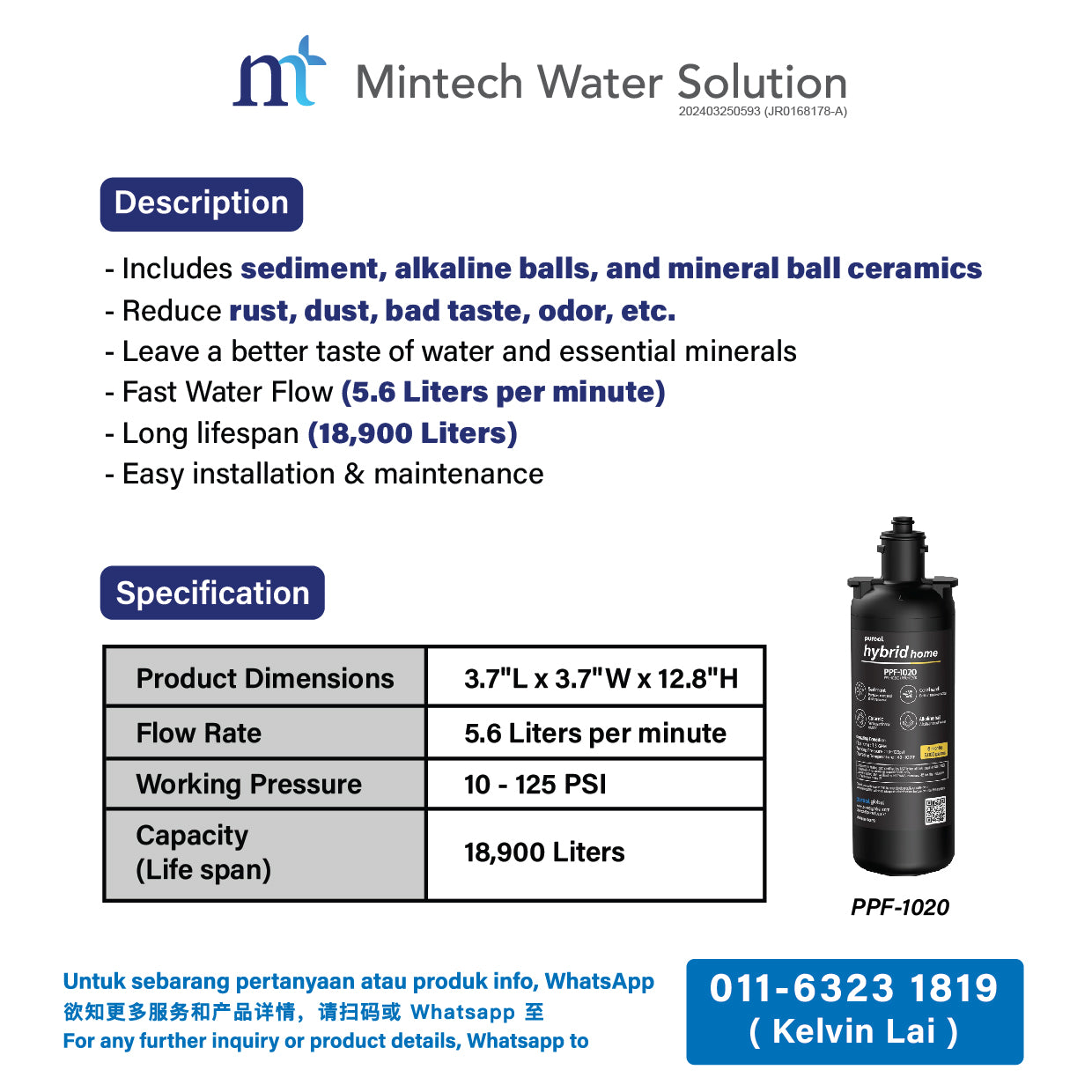 (01) Pureal Hybrid Home With Sediment Filter Residential Under Sink Water Filter System (10 inch - up to 37800 Liters filtration)