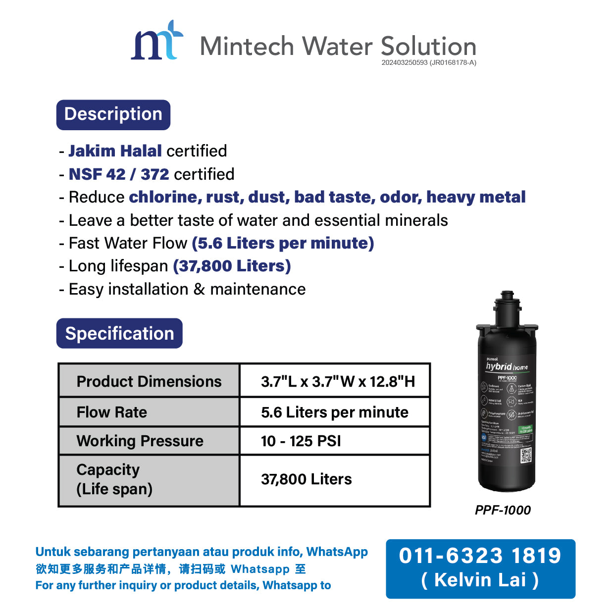 (01) Pureal Hybrid Home With Sediment Filter Residential Under Sink Water Filter System (10 inch - up to 37800 Liters filtration)