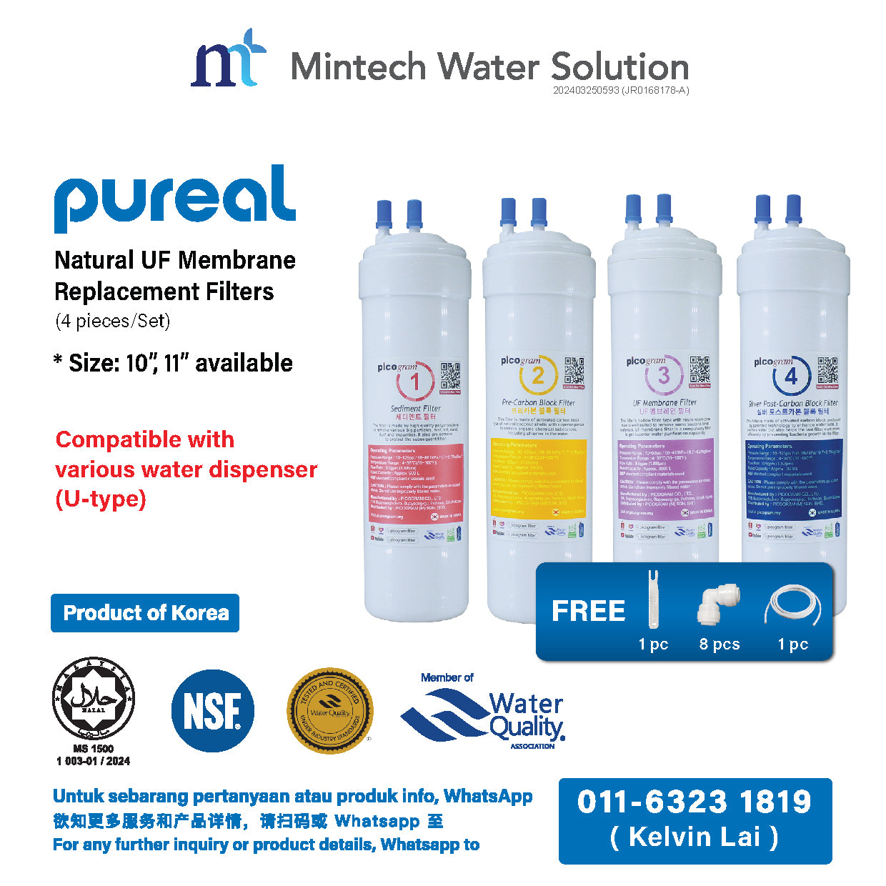 (03) Pureal Natural UF Membrane Replacement Filters (24 cm, 10inches; 29cm, 11 inches)