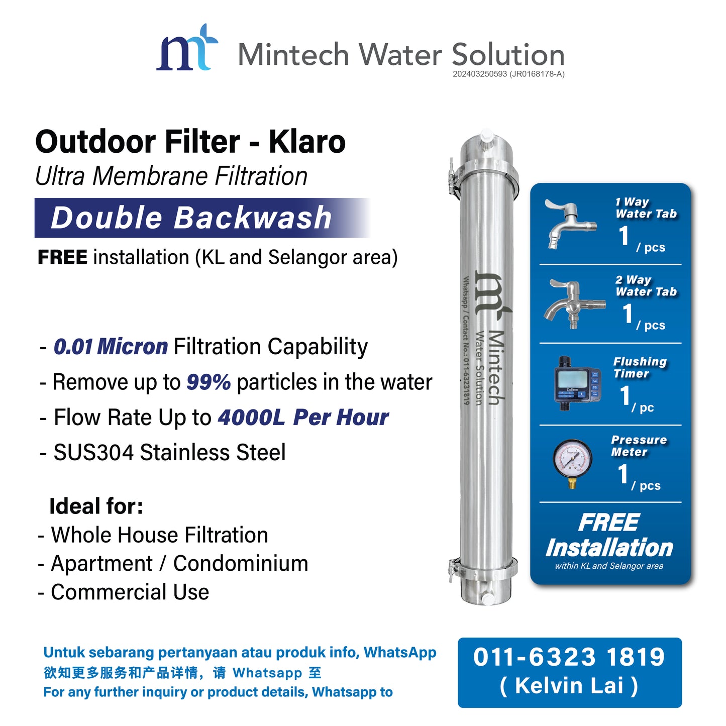 (02) Outdoor Filter Klaro Ultra Membrane Filtration with Double Backwash (4000L per hour) [Free installation within KL and Selangor area]